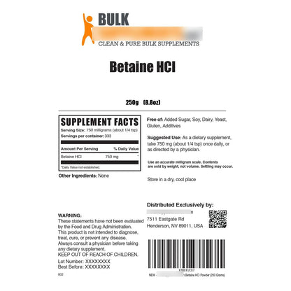 Betaína HCl Polvo 750 Mg Por Porción 250 G Suplemento Digestivo Sin Gluten