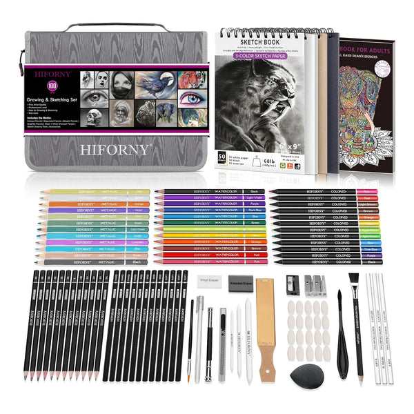 Kit Profesional De Dibujo 100 Piezas Con Cuaderno Y Estuche HIFORNY