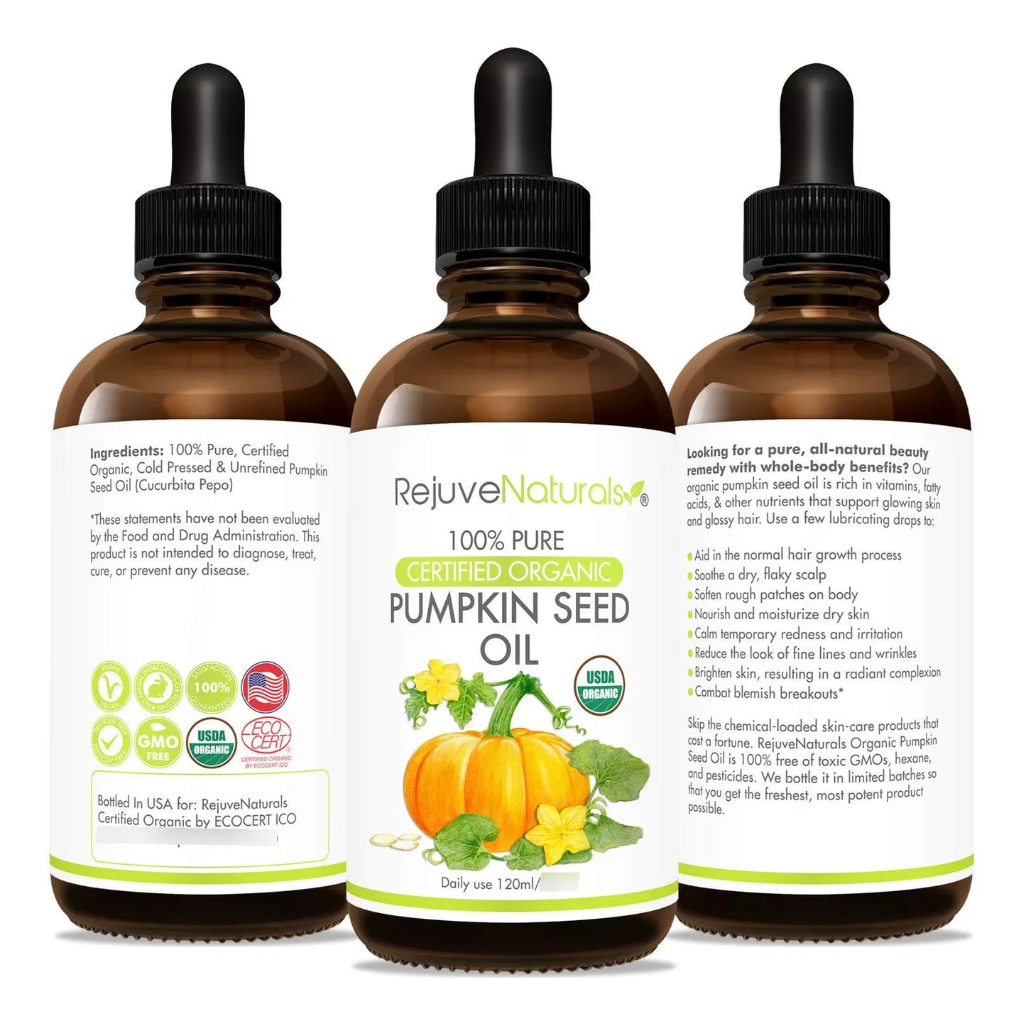 Aceite De Semilla De Calabaza Orgánico 4 Onzas Prensado En Frío USDA Crecimiento Cabello Y Piel
