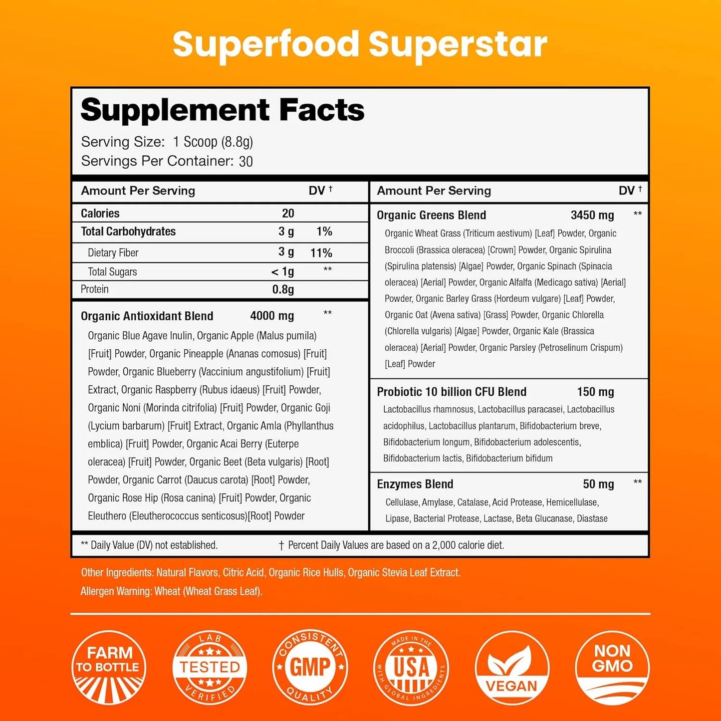 Polvo De Super Greens Premium Con Alfalfa Espirulina Clorella Mezcla Antioxidante