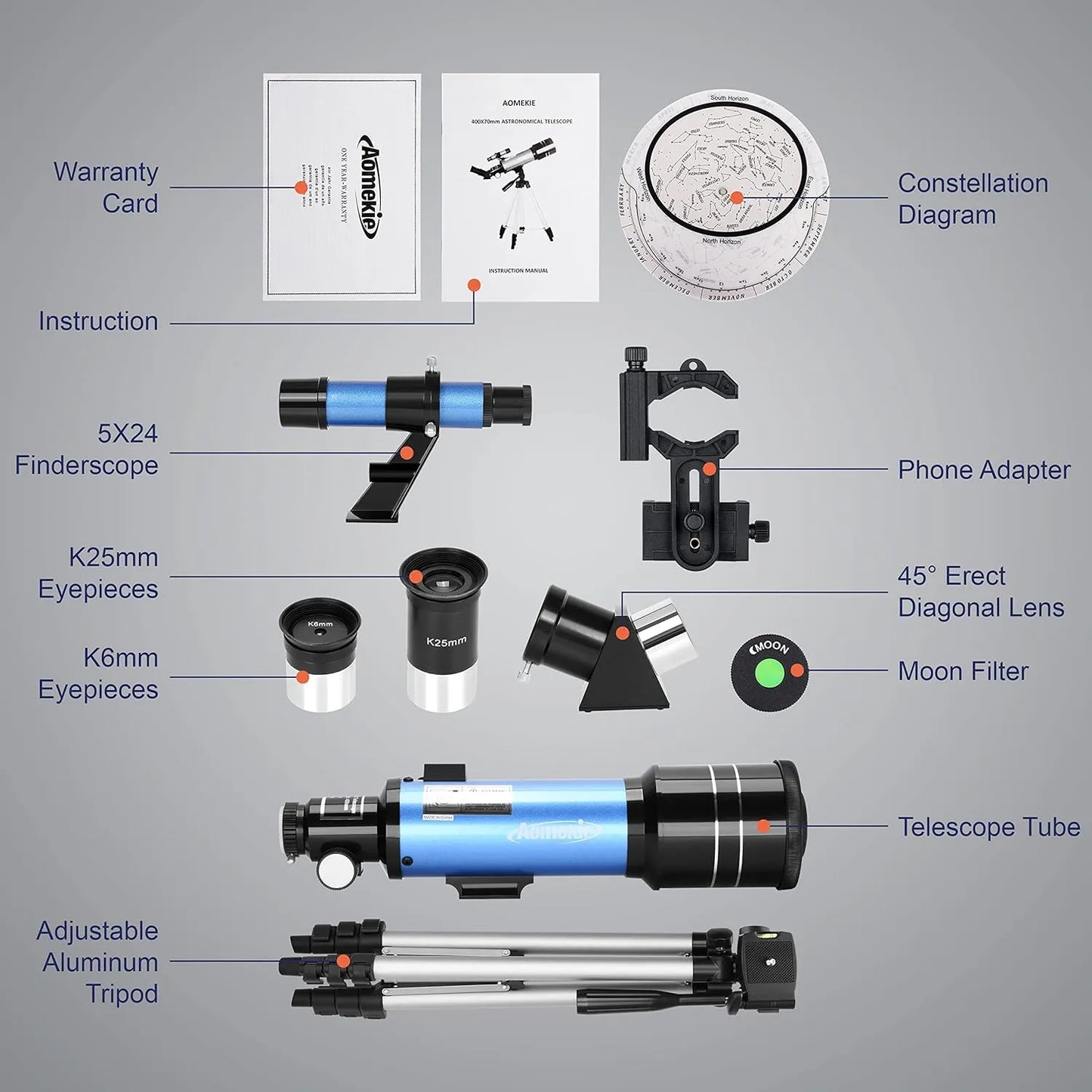 Telescopio Aomekie 70/400 Con Adaptador De Telefono Ideal Para Principiantes Y Niños