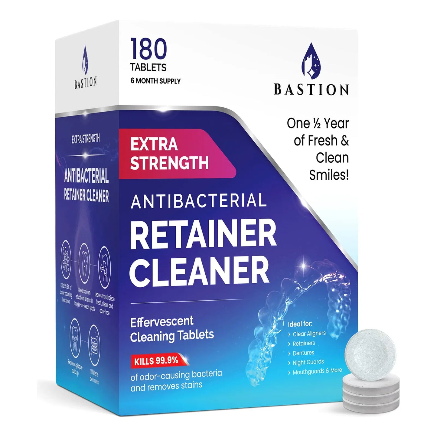 Limpiador Retenedor Y Dentaduras Bastion 180 Tabletas Efervescentes