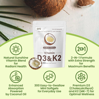 Aceite De Coco Virgen 300 Capsulas Blandas Con Vitamina D3 K2 10000 Ui
