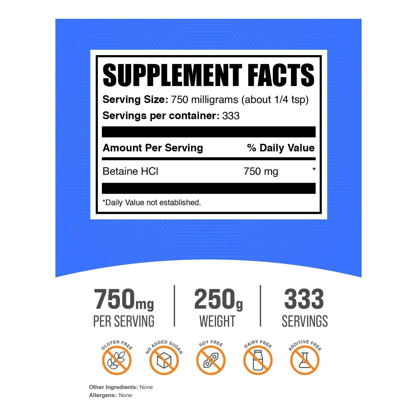 Betaína HCl Polvo 750 Mg Por Porción 250 G Suplemento Digestivo Sin Gluten