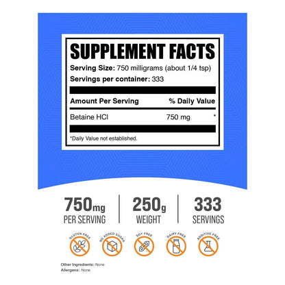 Betaína HCl Polvo 750 Mg Por Porción 250 G Suplemento Digestivo Sin Gluten