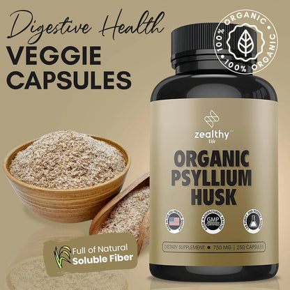Capsulas Organicas De Cascara De Psyllium 750 Mg 250 Unidades Fibra Soluble Salud Intestinal