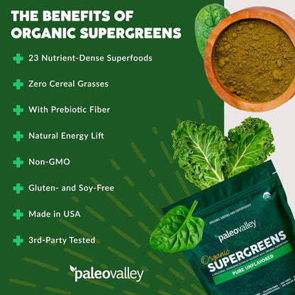Polvo Orgánico Supergreens 23 Superalimentos Fibra Prebiótica Paleovalley Energía E Inmunidad
