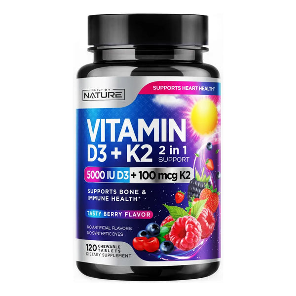 Vitamina D3 K2 Masticable 5000 Ui Y 100 Mcg Mk7 Sabor Bayas 120 Tabletas