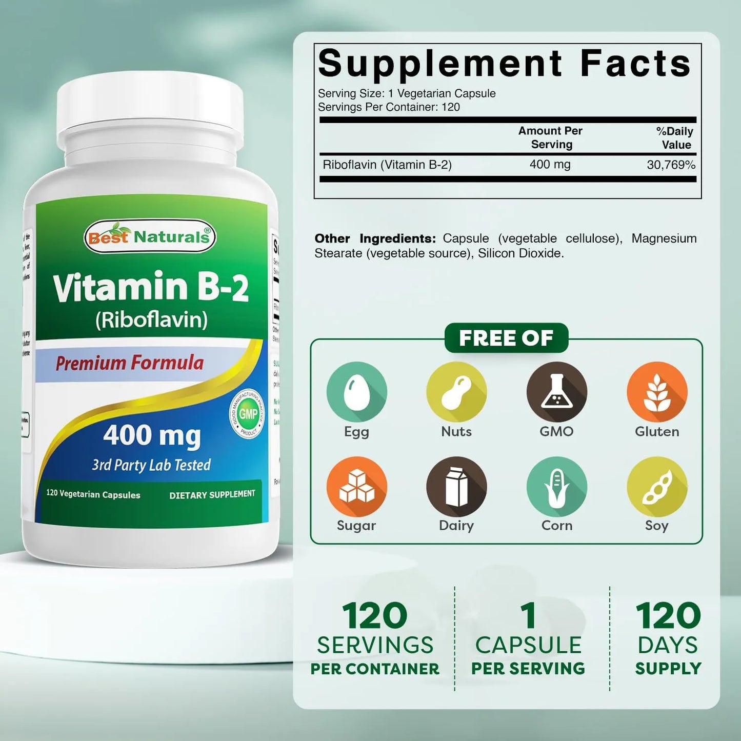 Vitamina B2 400 Mg Cápsulas Vegetales Alivio Migrañas 120 Unidades