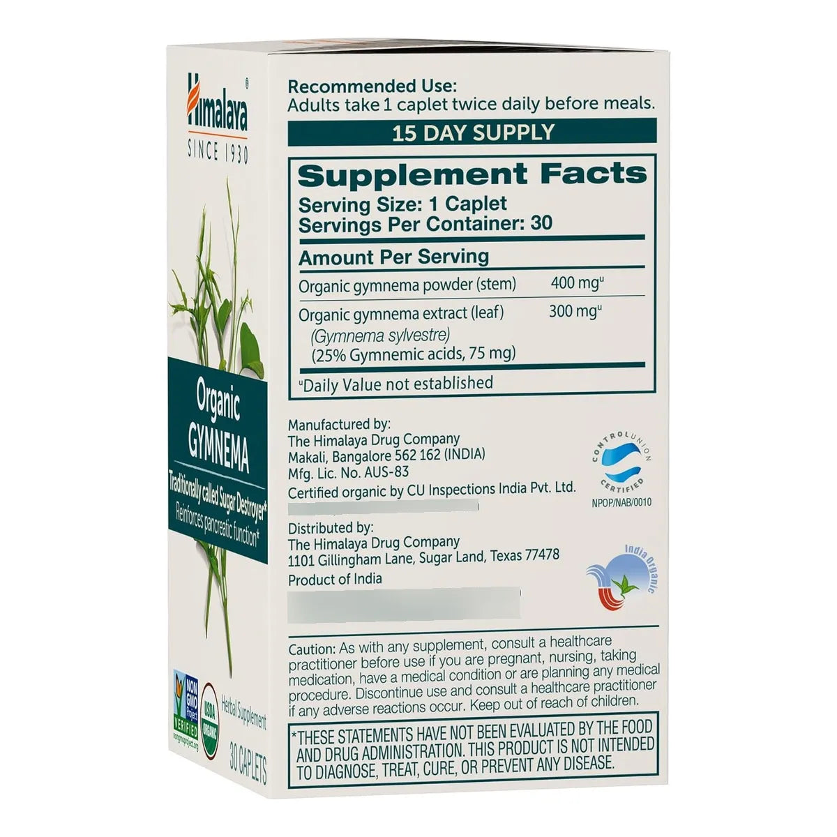 Himalaya Organic Gymnema Sylvestre 700mg Suplemento Herbal Metabolismo Glucosa