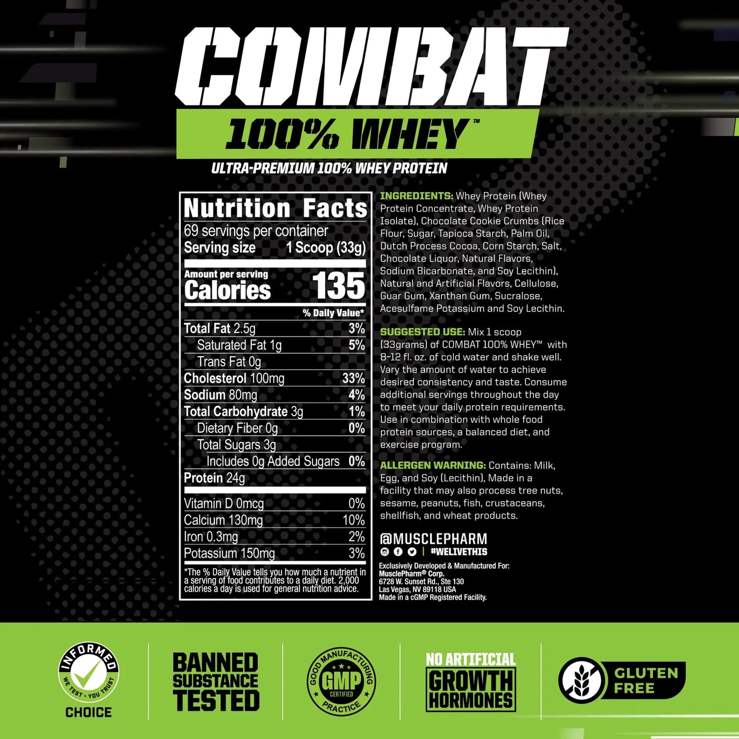 Proteina MusclePharm Combat 100 Whey Sabor Cookies N Cream Para Ganancia Muscular Y Recuperacion Rapida