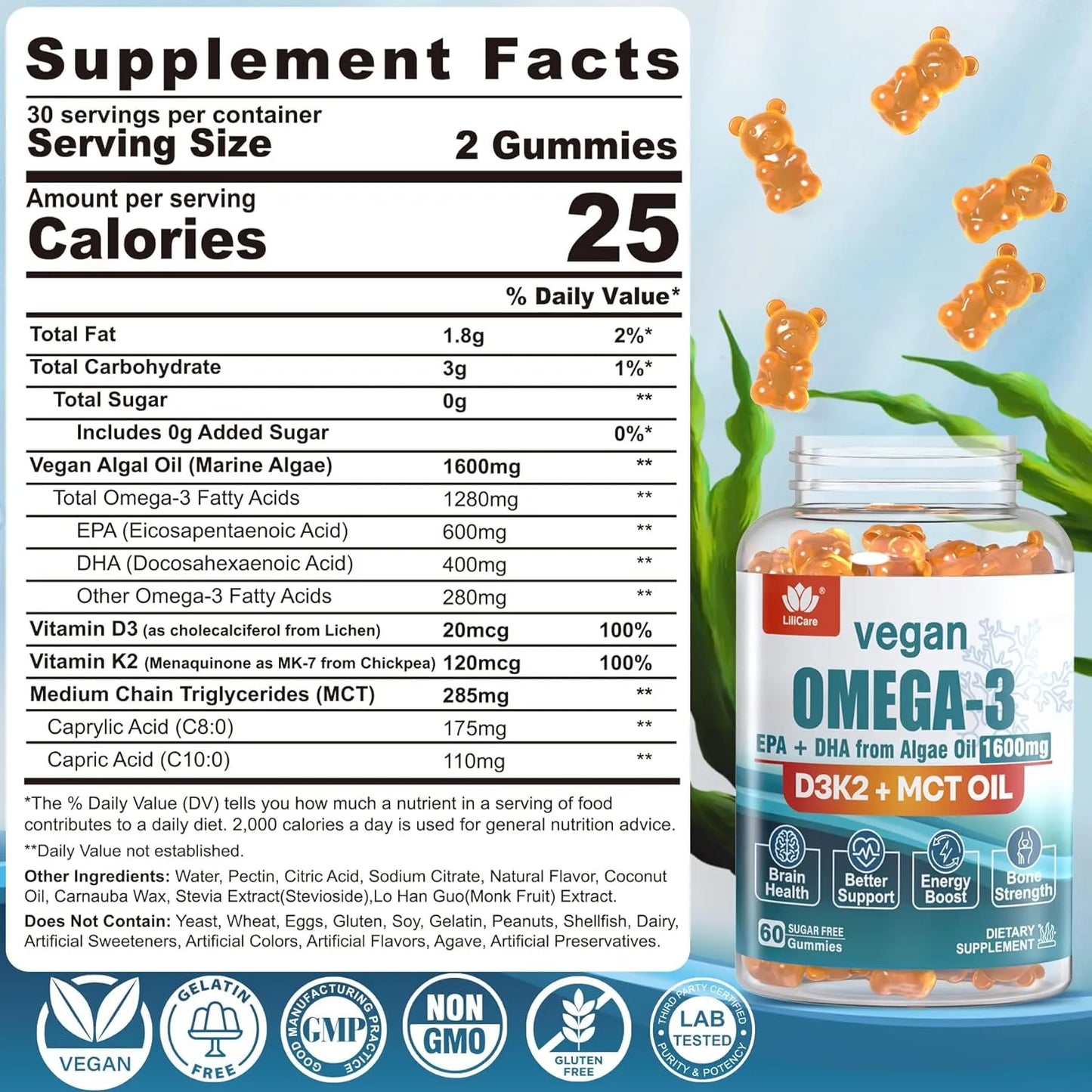 Gomitas Veganas Omega 3 1280 Mg Con Vitamina D3 K2 Sin Azucar Sabor Naranja