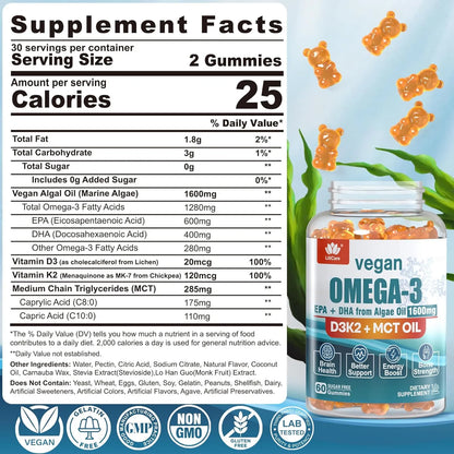 Gomitas Veganas Omega 3 1280 Mg Con Vitamina D3 K2 Sin Azucar Sabor Naranja