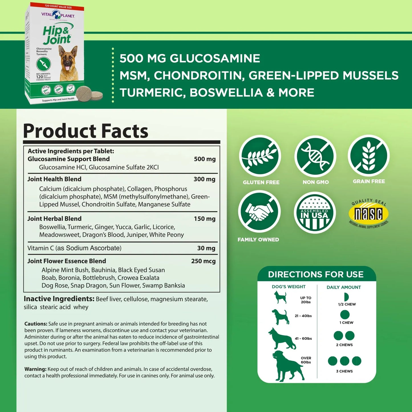 Suplemento Natural Para Cadera Y Articulaciones De Perros Con Glucosamina Y MSM 120 Tabletas