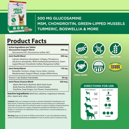 Suplemento Natural Para Cadera Y Articulaciones De Perros Con Glucosamina Y MSM 120 Tabletas