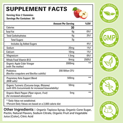 Gomitas De Vinagre De Sidra De Manzana Keto ACV 2000 Mg Con Probióticos Y Vitamina B12 Para Digestión Y Energía