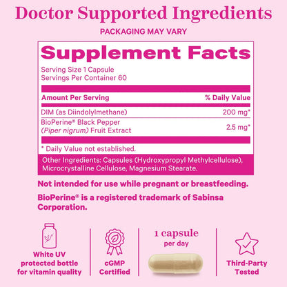 Suplemento DIM 200 Mg Plus BioPerine Equilibrio Hormonal Natural Para Mujeres