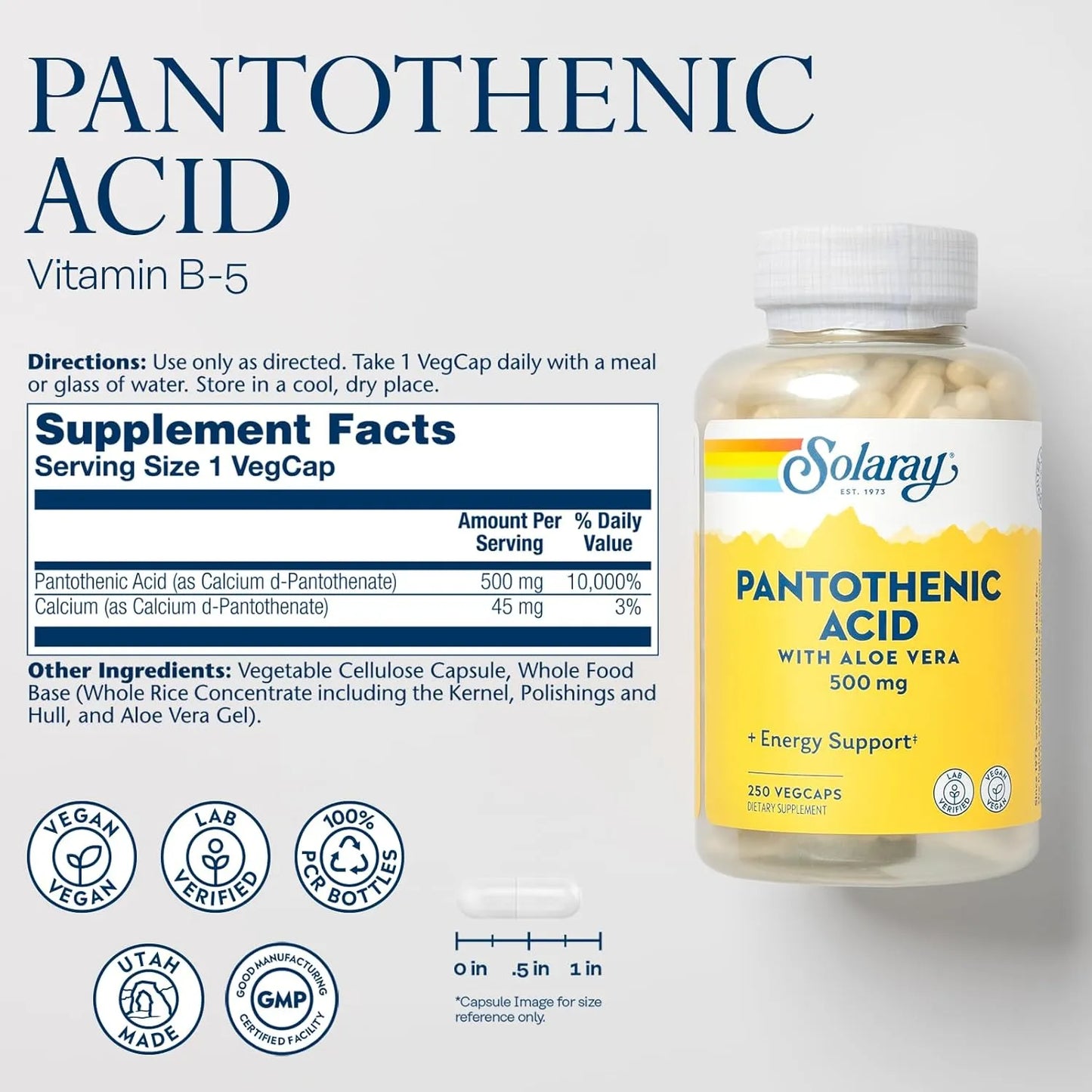 Ácido Pantoténico 500 Mg Solaray Vitamina B5 Energía Piel Cabello Uñas Vegano