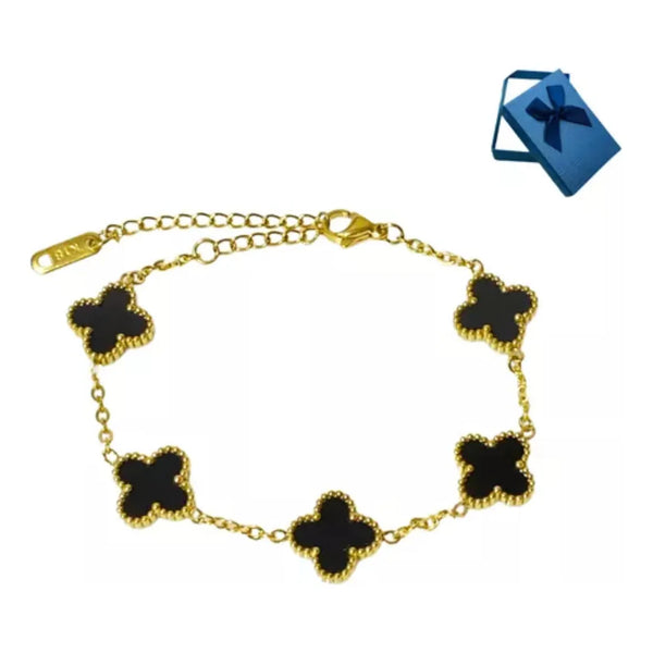 Elegante Pulsera Negra Trébol Cuatro Hojas Regalo Joyeria - Imagen 1