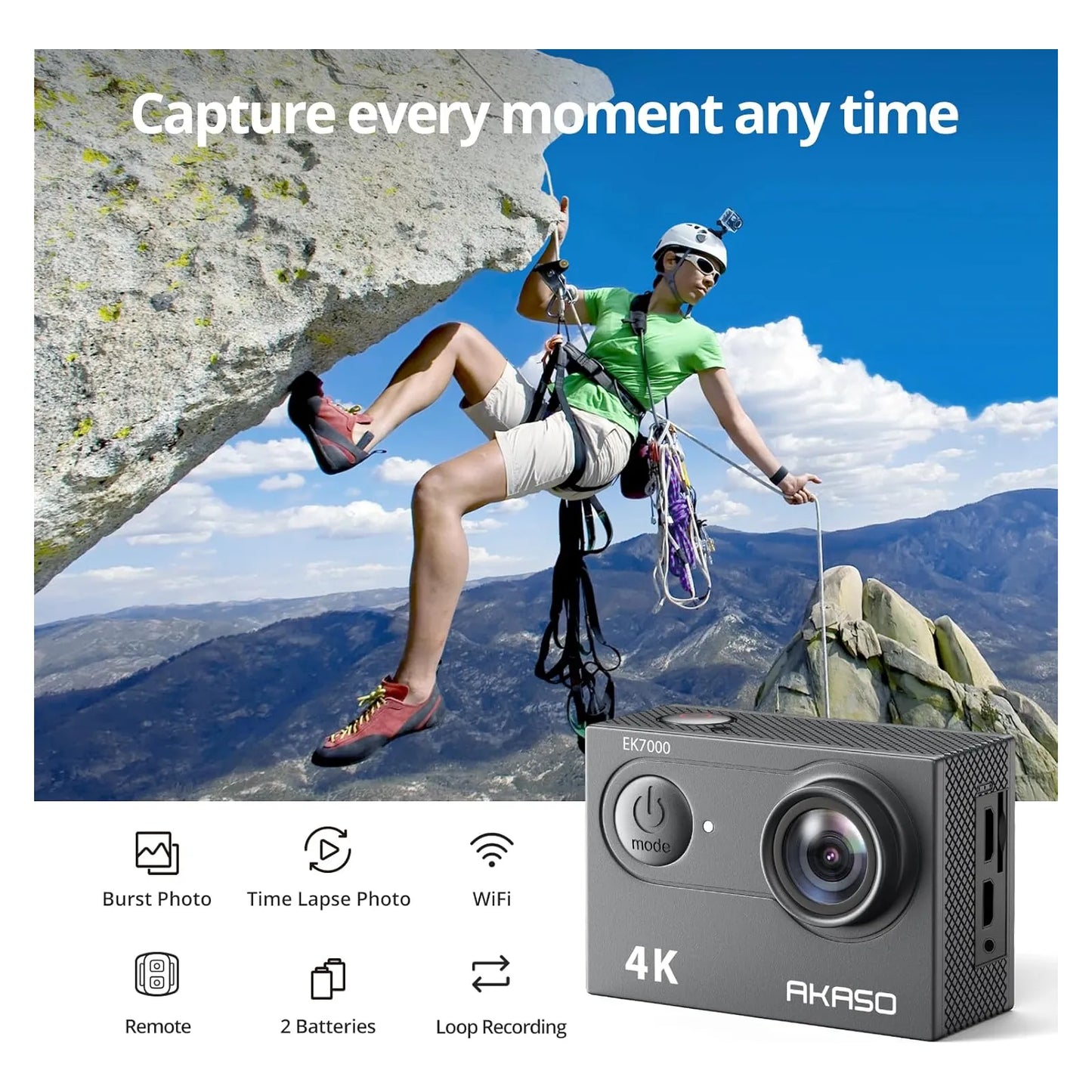 Akaso Ek7000 Camara Accion 4K30fps 20mp Impermeable Con Microfono Externo Y Kingston 64gb