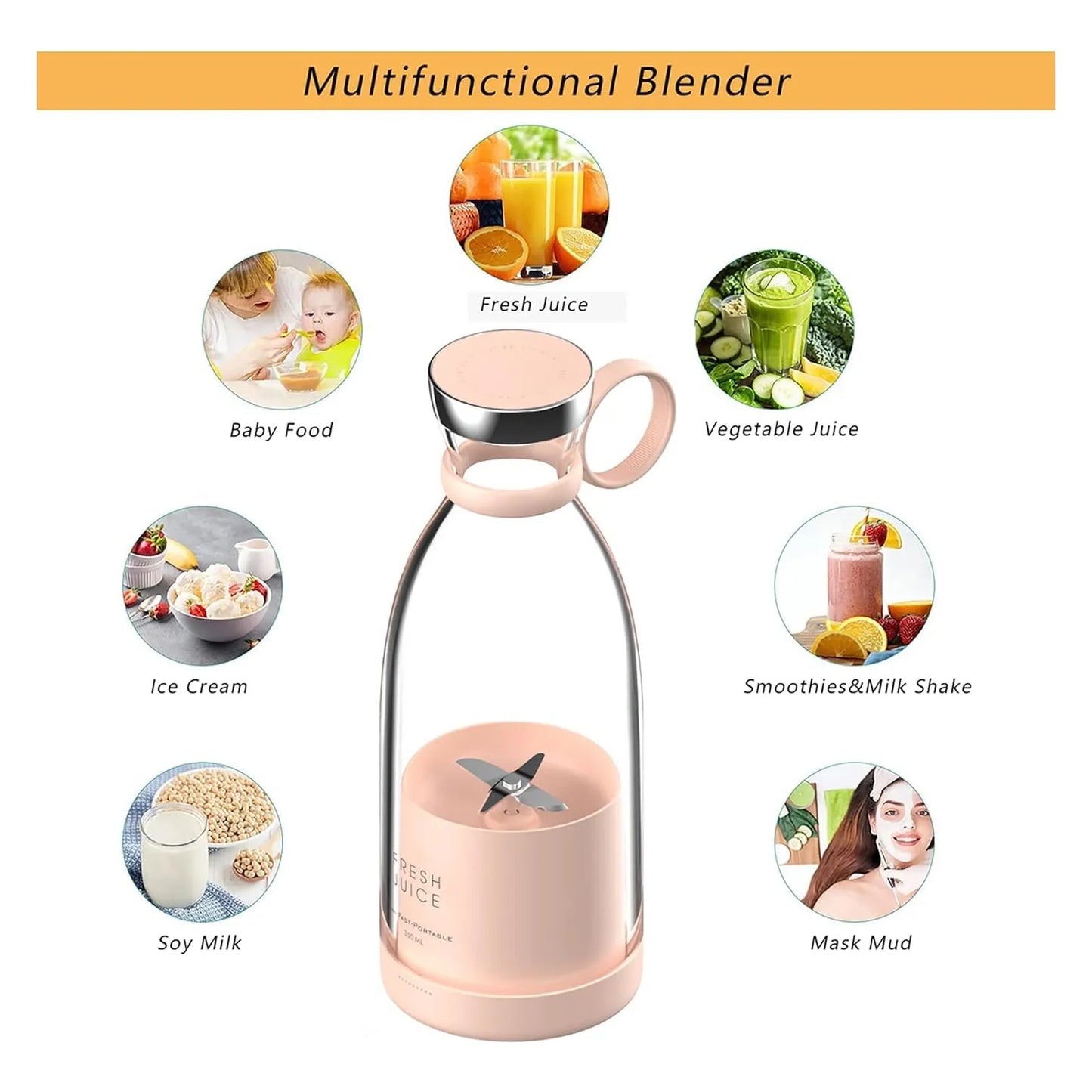 Licuadora Portatil Personal Otpeir Rosa Batidos Frescos Usb 11.8 Oz