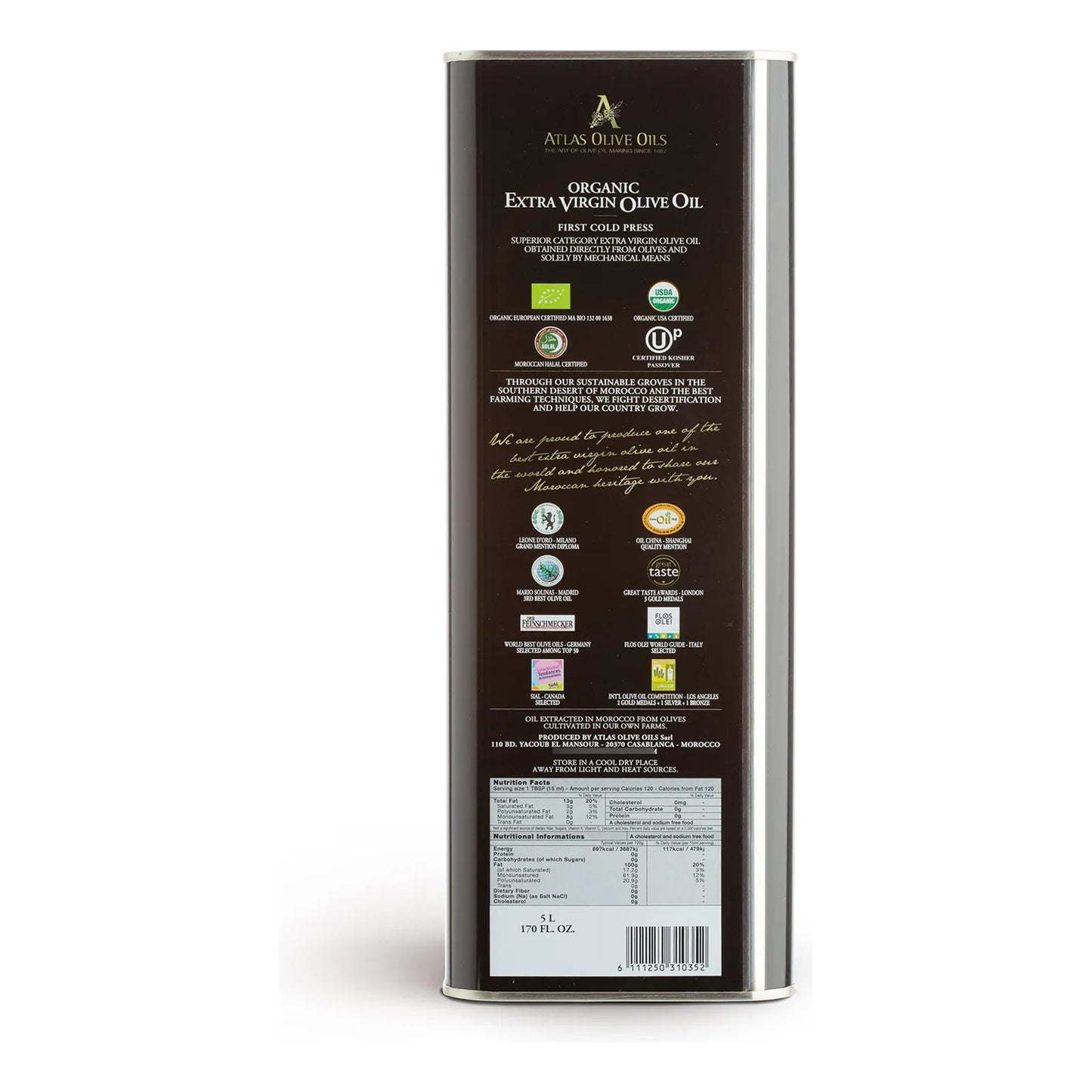 Aceite De Oliva Extra Virgen Orgánico Atlas Marruecos 500 Ml Prensado En Frío