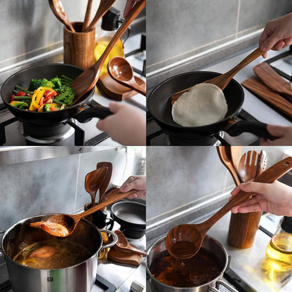 Juego De 8 Utensilios Cocina Madera Con Soporte Cucharas Teca Natural