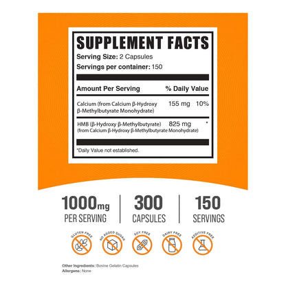 Cápsulas HMB 1000 Mg Beta-Hidroxi Beta-Metilbutirato 300 Unidades Suplemento Fitness