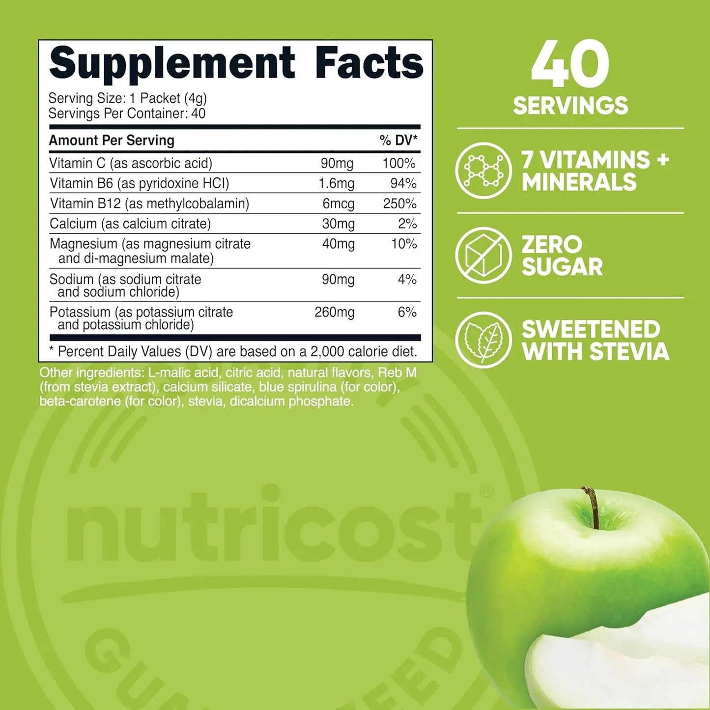 Complejo Electrolitos Hidratacion Avanzada Sabor Manzana Verde 40 Paquetes Nutricost