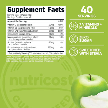 Complejo Electrolitos Hidratacion Avanzada Sabor Manzana Verde 40 Paquetes Nutricost