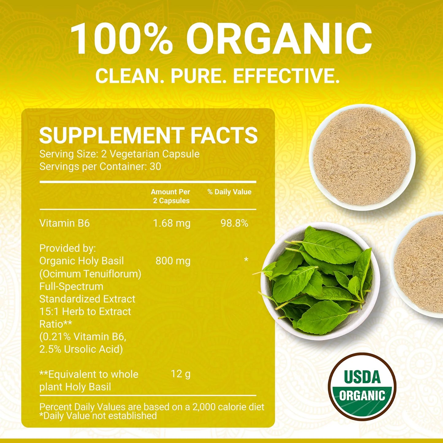 Capsulas Organicas De Albahaca Sagrada Con Vitamina B6 Y Acido Ursolico 25