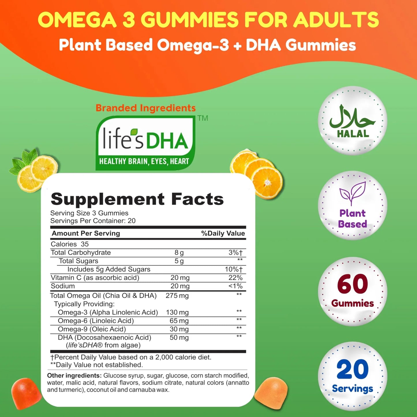 Gomitas Veganas Omega 3 Con DHA Y Vitamina C 60 Unidades Sabor Naranja