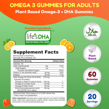 Gomitas Veganas Omega 3 Con DHA Y Vitamina C 60 Unidades Sabor Naranja