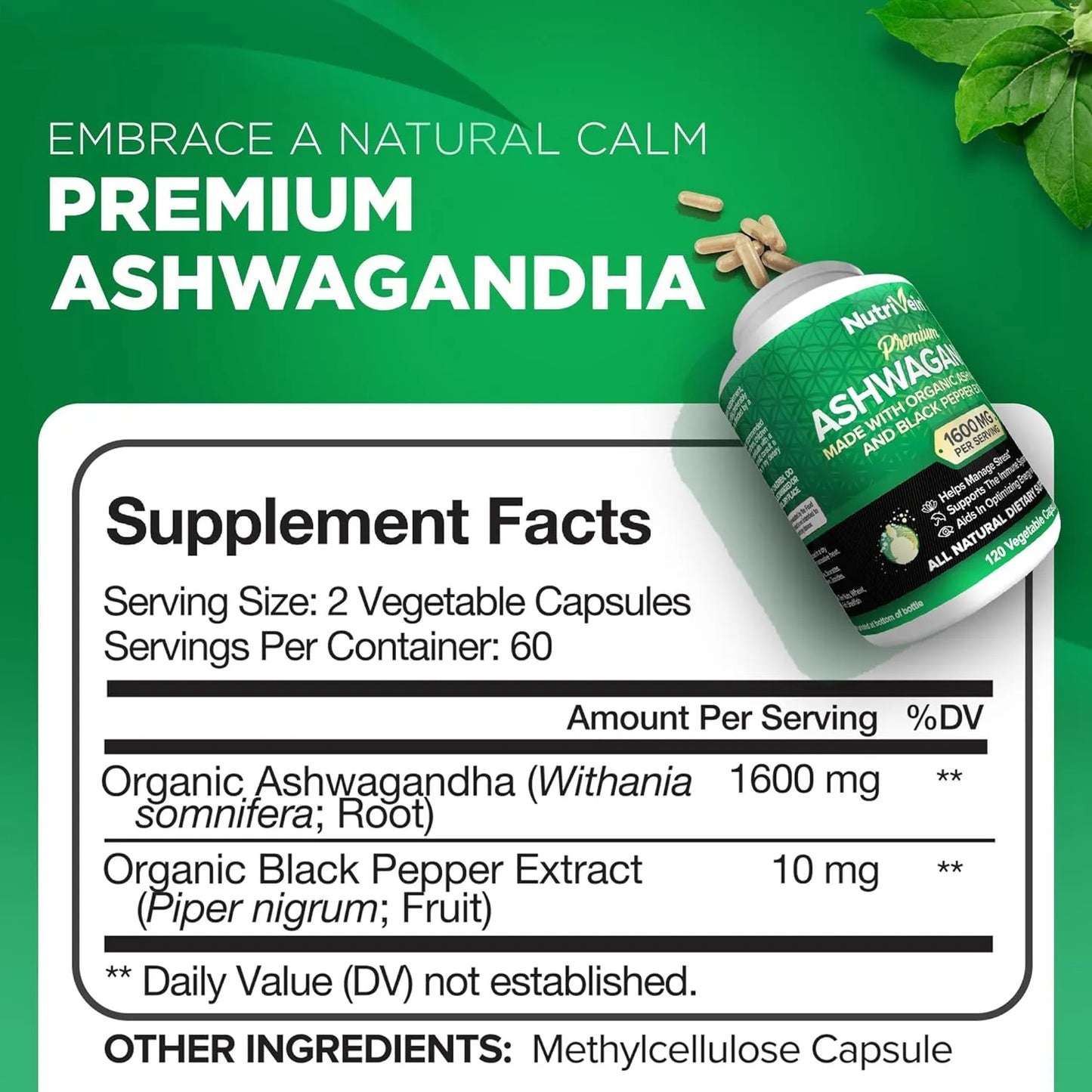 Ashwagandha 1600 Mg Con Extracto De Pimienta Negra 120 Capsulas Veganas