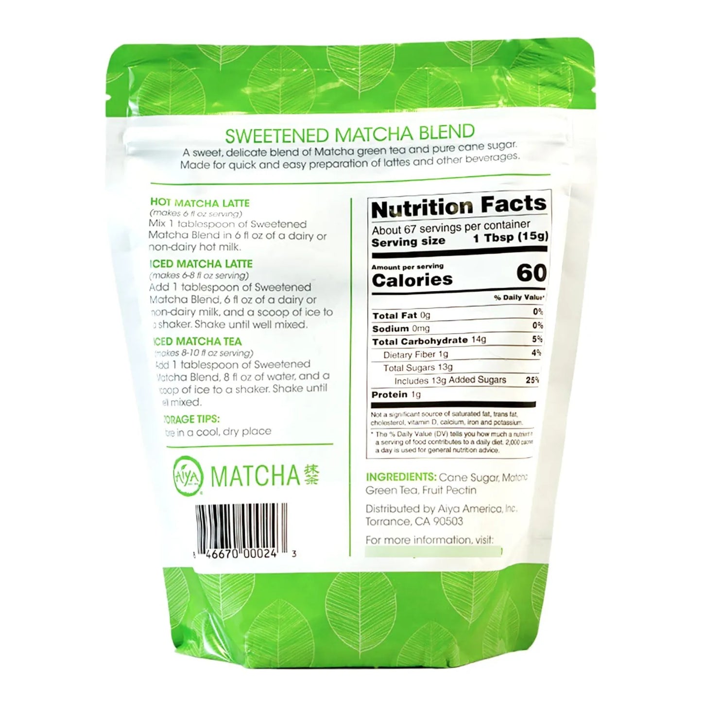 Aiya Polvo De Matcha Endulzado Latte Con Té Verde Japonés Antioxidante 2.2 Lbs