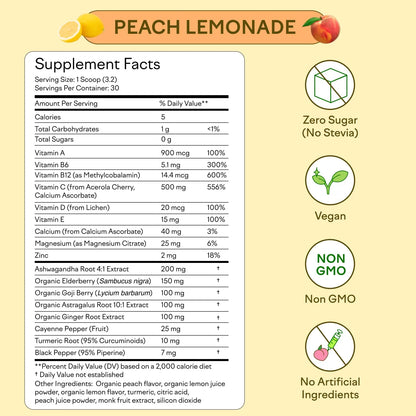 Bebida En Polvo De Melocotón Y Saúco Con Vitaminas C A B D E Zinc Y Ashwagandha