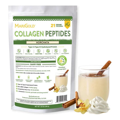 Proteína De Péptidos De Colágeno Horchata MariGold 1LB Piel Radiante Y Articulaciones Fuertes