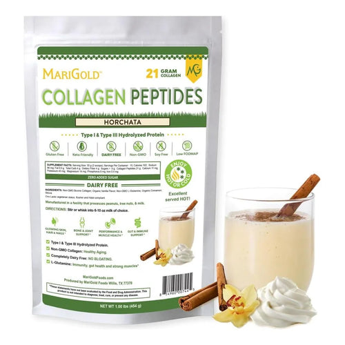 Proteína De Péptidos De Colágeno Horchata MariGold 1LB Piel Radiante Y Articulaciones Fuertes