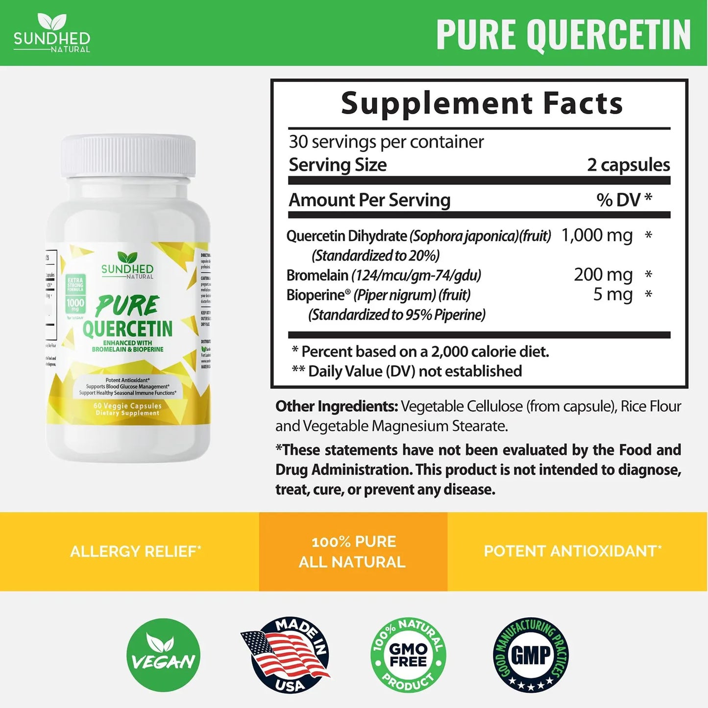 Quercetina Pura Con Bromelina Y Bioperina Antioxidante 1000 Mg Fórmula Extra Fuerte