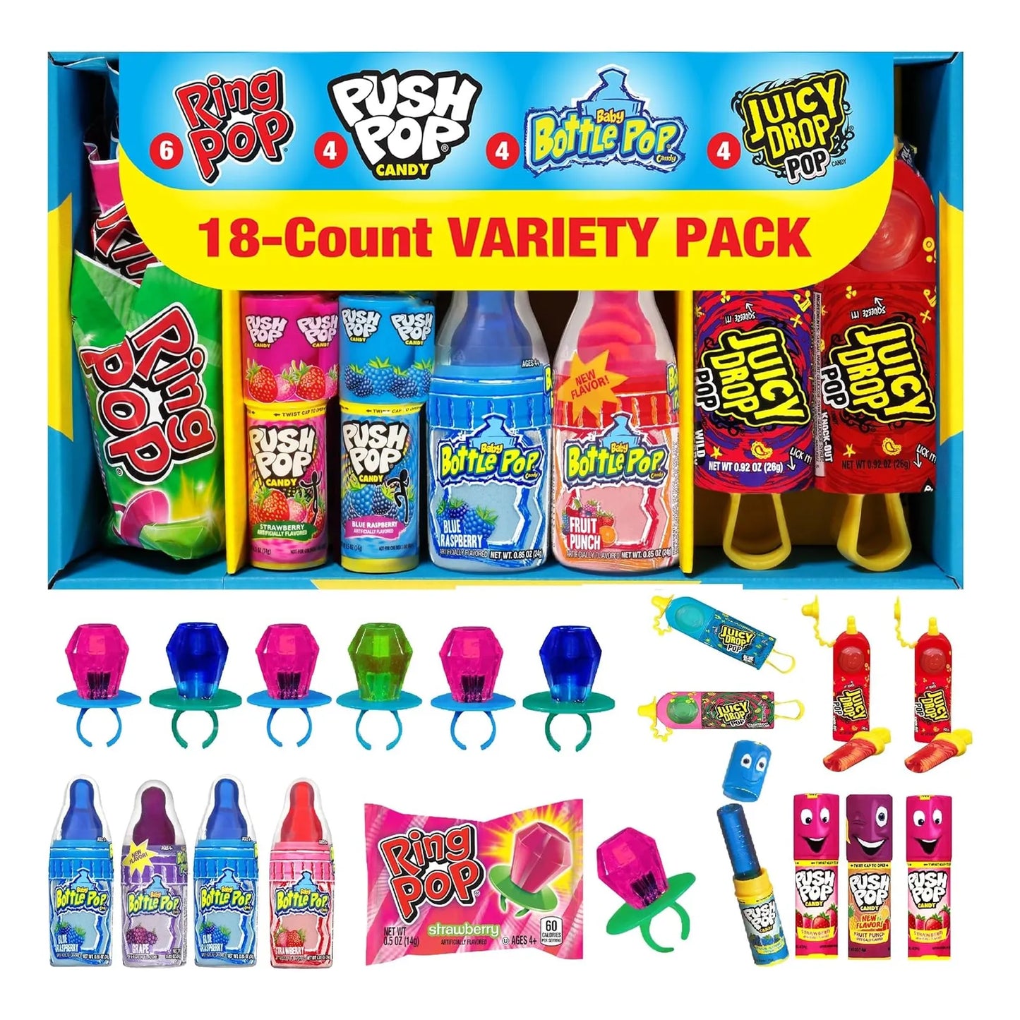 Surtido De 18 Paletas Ring Pop Push Pop Juicy Drop Sabores Afrutados