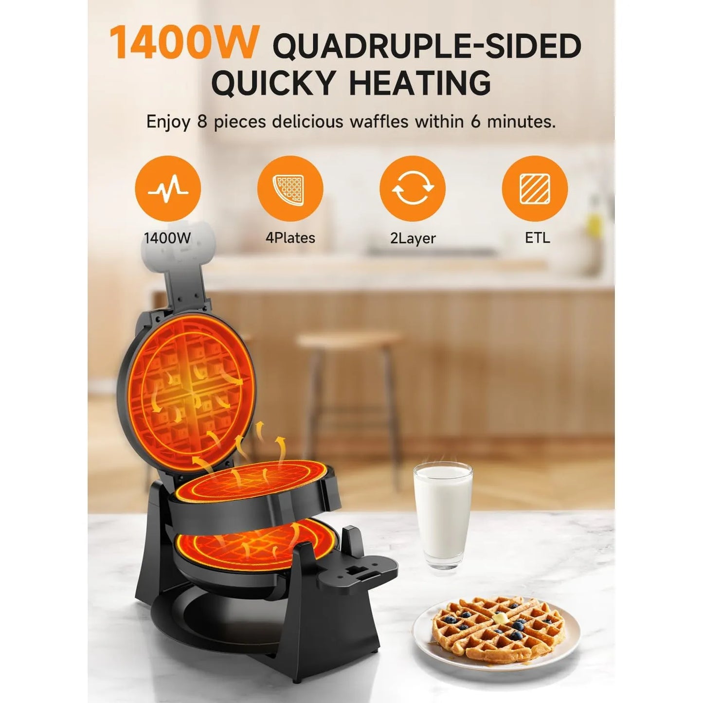 Máquina Gofrera Doble 1400W Placas Giratorias Antiadherentes 8 Gofres 6 Min
