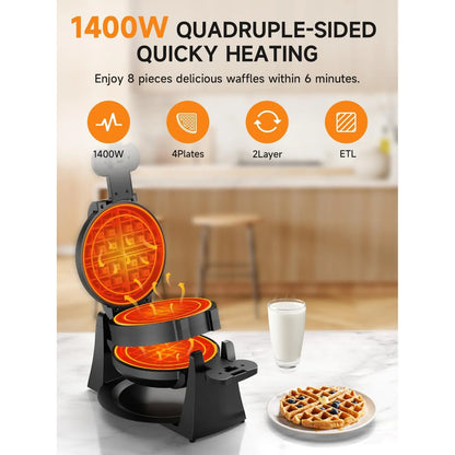 Máquina Gofrera Doble 1400W Placas Giratorias Antiadherentes 8 Gofres 6 Min