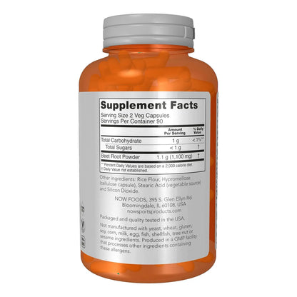 Cápsulas De Remolacha Raíz 550 Mg NOW Foods Nutrición Deportiva 180 Veganas