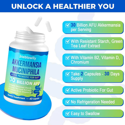 Probióticos Akkermansia GLP 1 Para Salud Intestinal 60 Cápsulas Con Cromo Y Té Verde