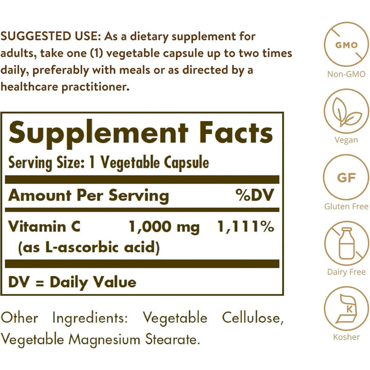 Solgar Vitamina C 1000 Mg, 250 Capsulas Vegetales - Antioxid - Imagen 2
