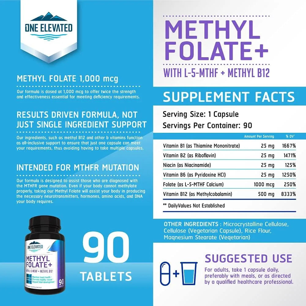 Forte Methyl Folate B12 Niacina B1 B2 B6 Suplemento 3 Meses Máxima Absorción