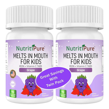 Tabletas Masticables De Hierro Sabor Uva Para Niños 9 Mg Con Vitamina C 90 Unidades