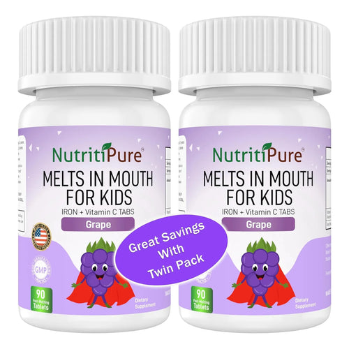 Tabletas Masticables De Hierro Sabor Uva Para Niños 9 Mg Con Vitamina C 90 Unidades