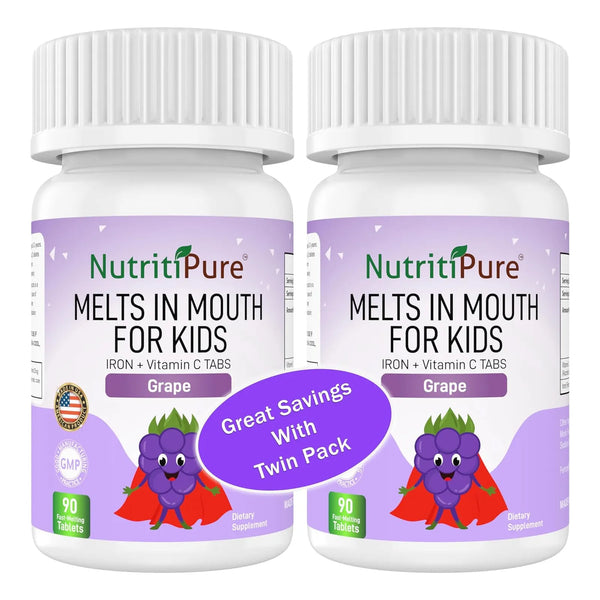 Tabletas Masticables De Hierro Sabor Uva Para Niños 9 Mg Con Vitamina C 90 Unidades