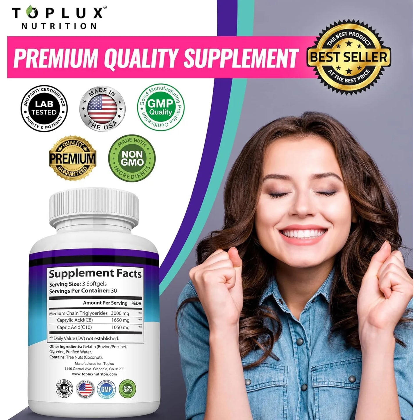 Capsulas De Aceite MCT 3000 Mg Extracto De Coco Puro Energia Keto